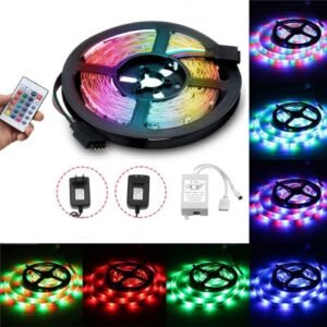 16 color rgb led strip light 12v dc – 5m (16ft) smd 5050 with remote – flexible led tape for ceiling, room, and home decoration